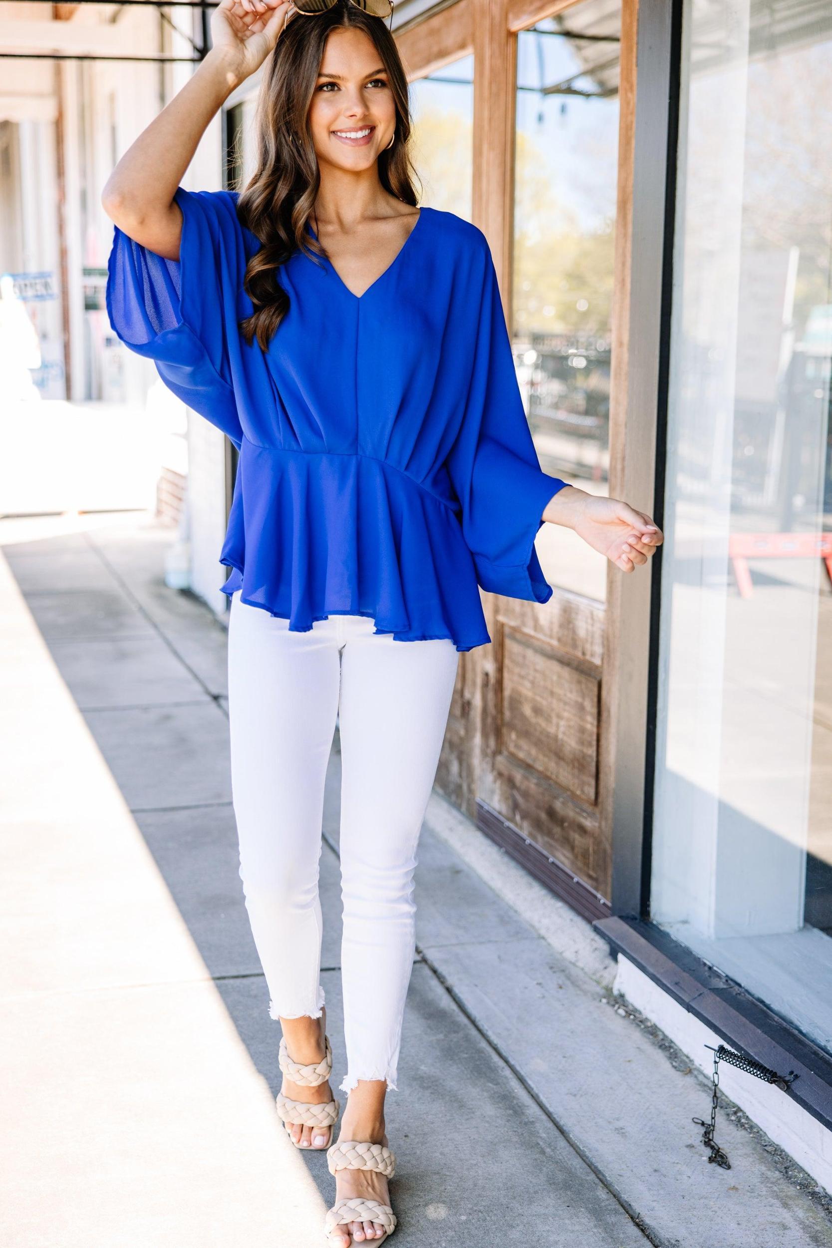 Tell It All Royal Blue Kimono Sleeve Blouse Female Product Image