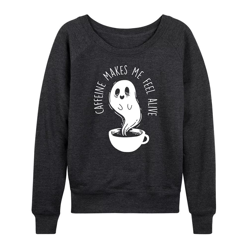 Womens Caffeine Makes Me Feel Alive Ghost French Terry Long Sleeve Tee Grey Dark Red Product Image
