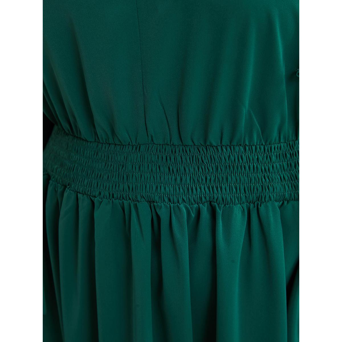 Plus Size Solid Pocket Shirred Tie V Neck Ruffle Hem Dress DarkGreen Women Elegant Cross straps V-neck Long Sleeve Curvy Midi Dress BloomChic 14-16/1X Product Image