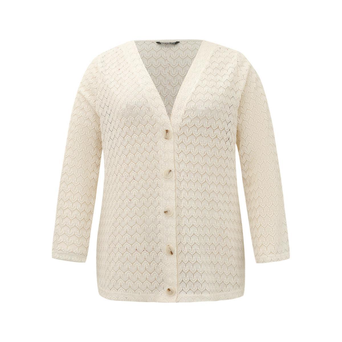 Plus Size Geometric Lace Hollow Out Button Through Jacket Women Beige Casual Plain Ladies Dailywear Winter Coats BloomChic 22-24/3X Product Image