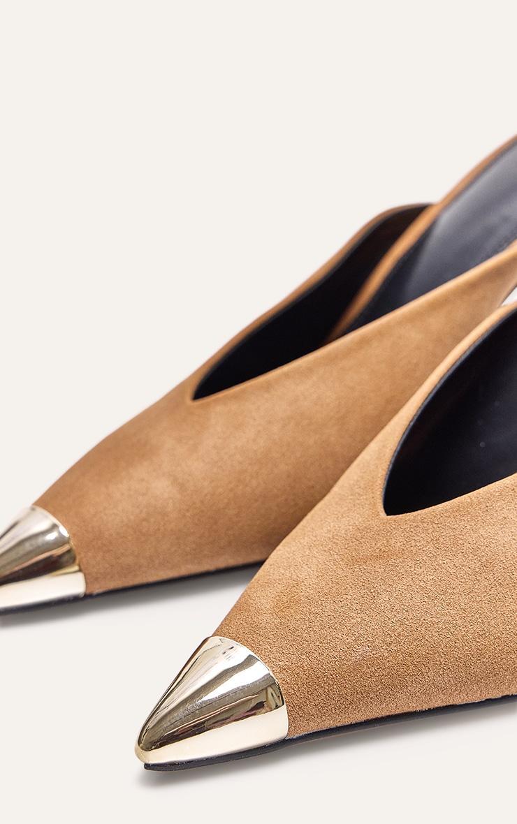 Camel Faux Suede Silver Toe Cap Point Toe Heeled Mules Product Image