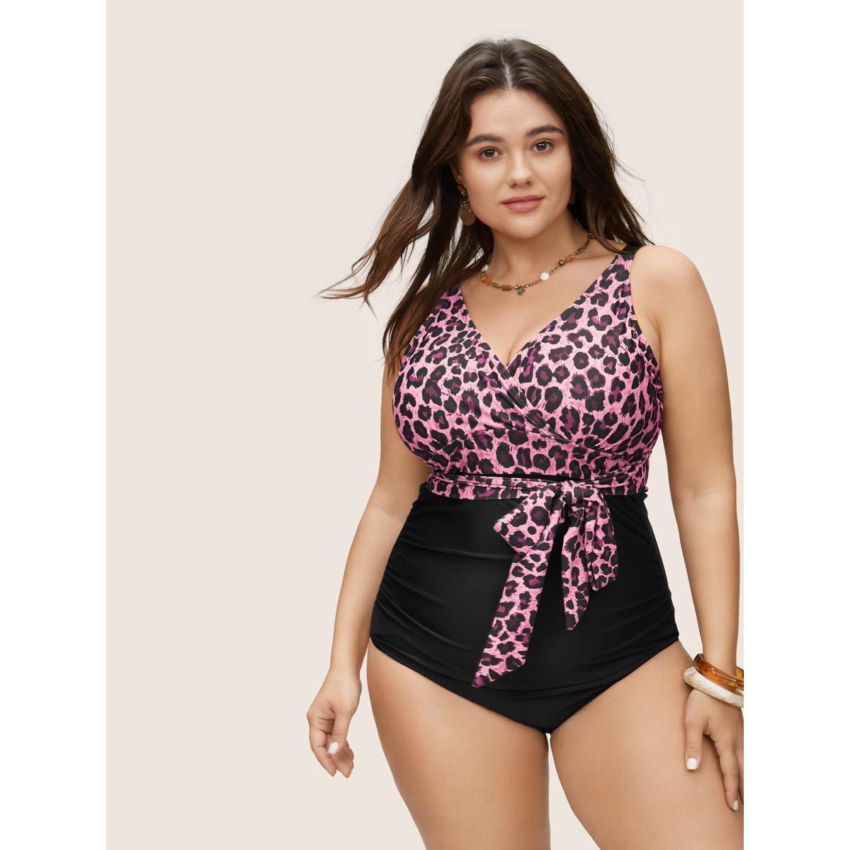 Plus Size Leopard Patchwork Bowknot Side One Piece Swimsuit Women's Swimwear LightBlue Beach Non Curve Bathing Suits High stretch One Pieces BloomChic 22-24/3X Product Image