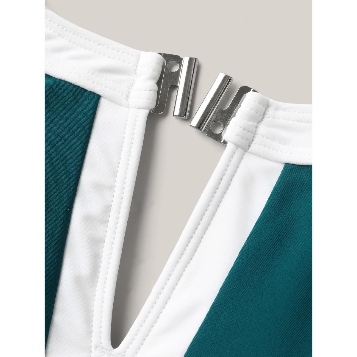 Plus Size Color Block Keyhole One-Piece Swimsuit Women's Swimwear Teal Beach Gathered Curve Bathing Suits High stretch One Pieces BloomChic 12/L Product Image