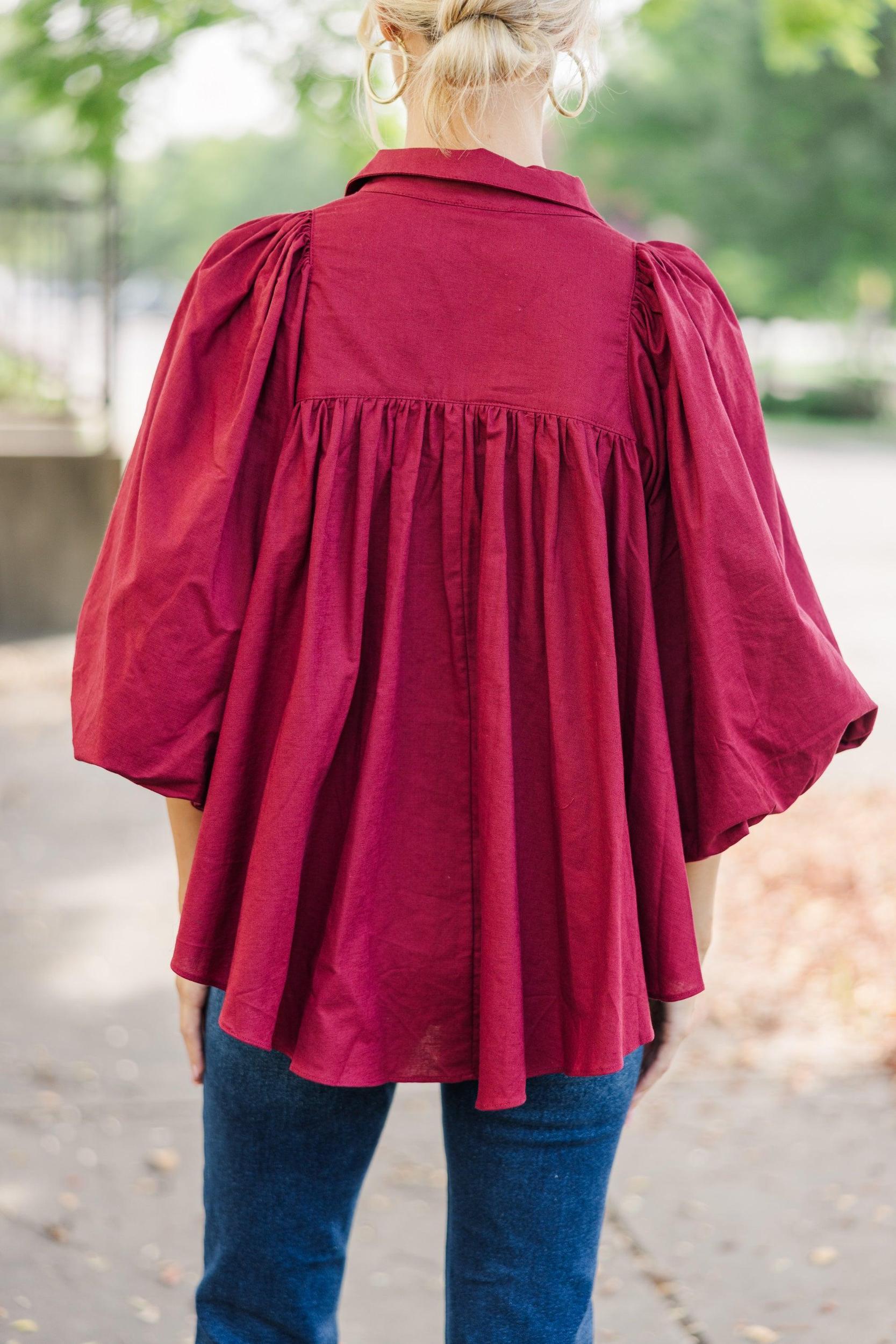 Let's Run Burgundy Red Bubble Sleeve Blouse Female Product Image