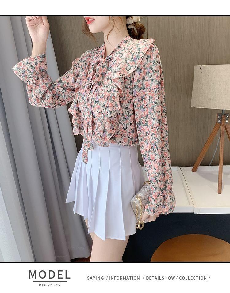Long-Sleeve Tie-Neck Floral Print Ruffle Trim Blouse Product Image