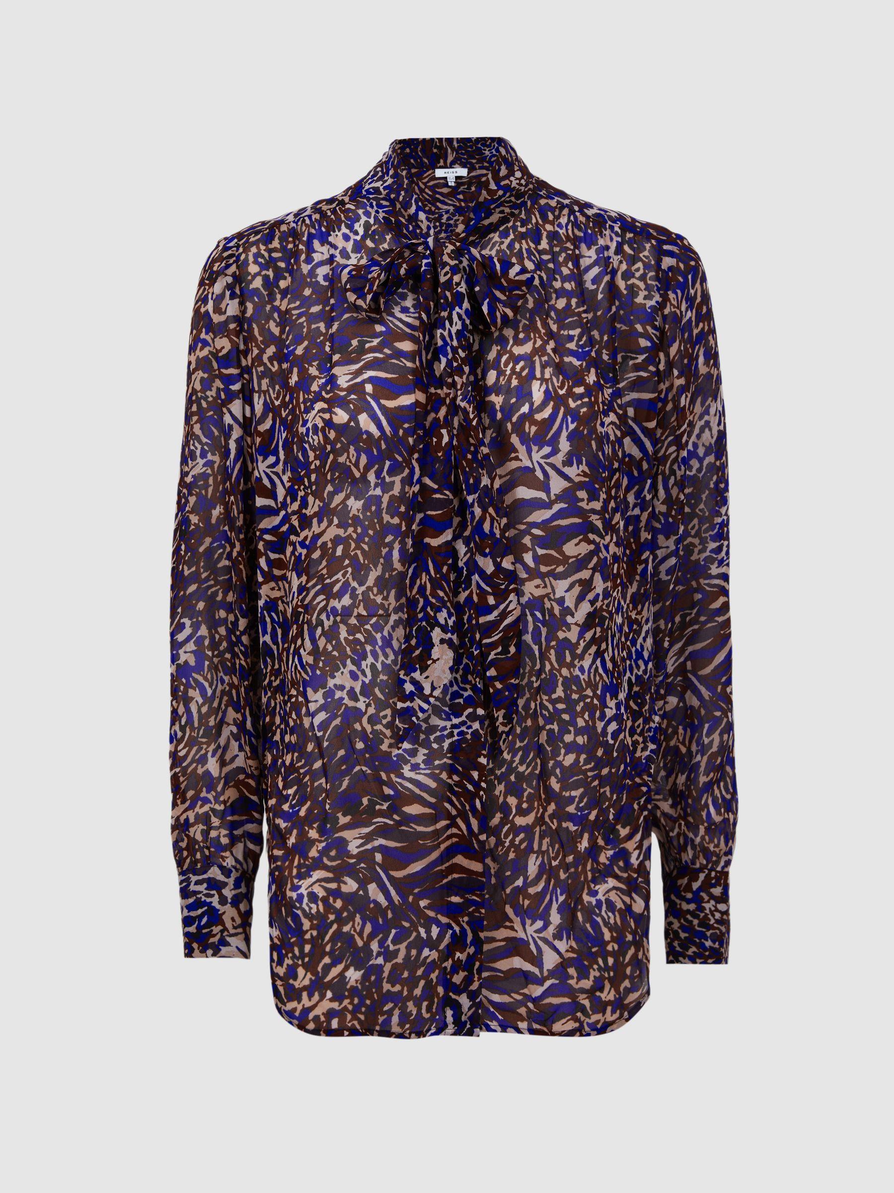 Animal Print Necktie Blouse in Blue Product Image