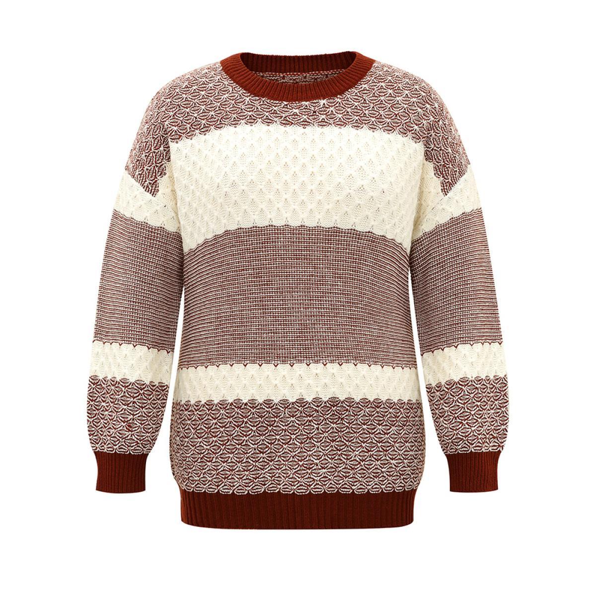 Plus Size Colorblock Contrast Round Neck Elastic Cuffs Pullover Rust Women Casual Loose Long Sleeve Round Neck Dailywear Pullovers BloomChic 26/4X Product Image