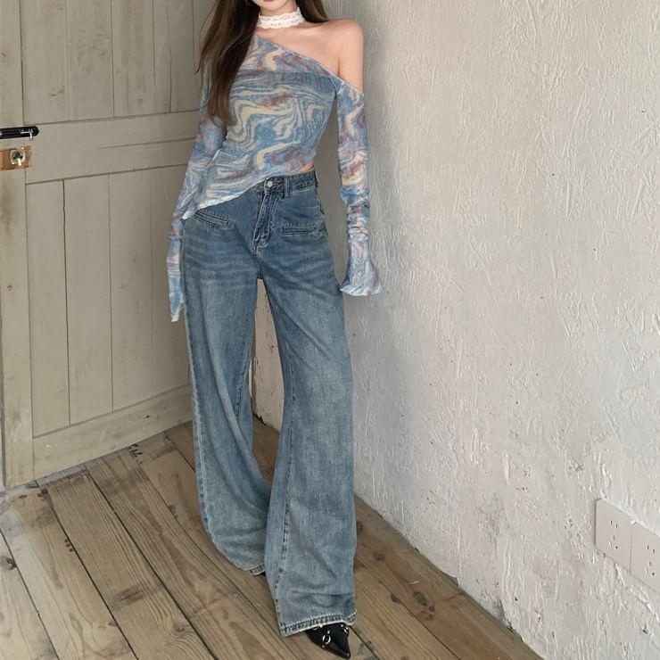Long-Sleeve Off-Shoulder Tie Dye Asymmetrical Mesh Slim Fit Top Product Image