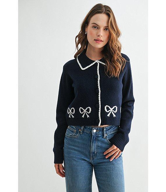 All in Favor Collared Bow Print Long Sleeve Cardigan Product Image