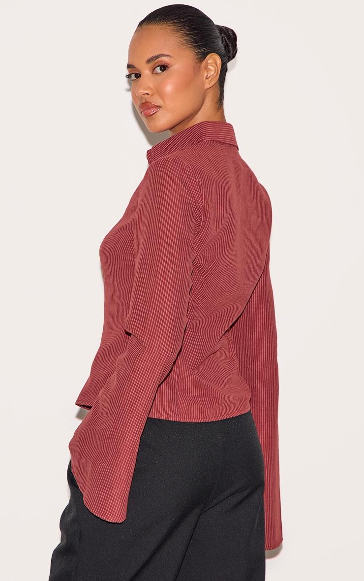  Burgundy Striped Peach Skin Fitted Shirt Product Image