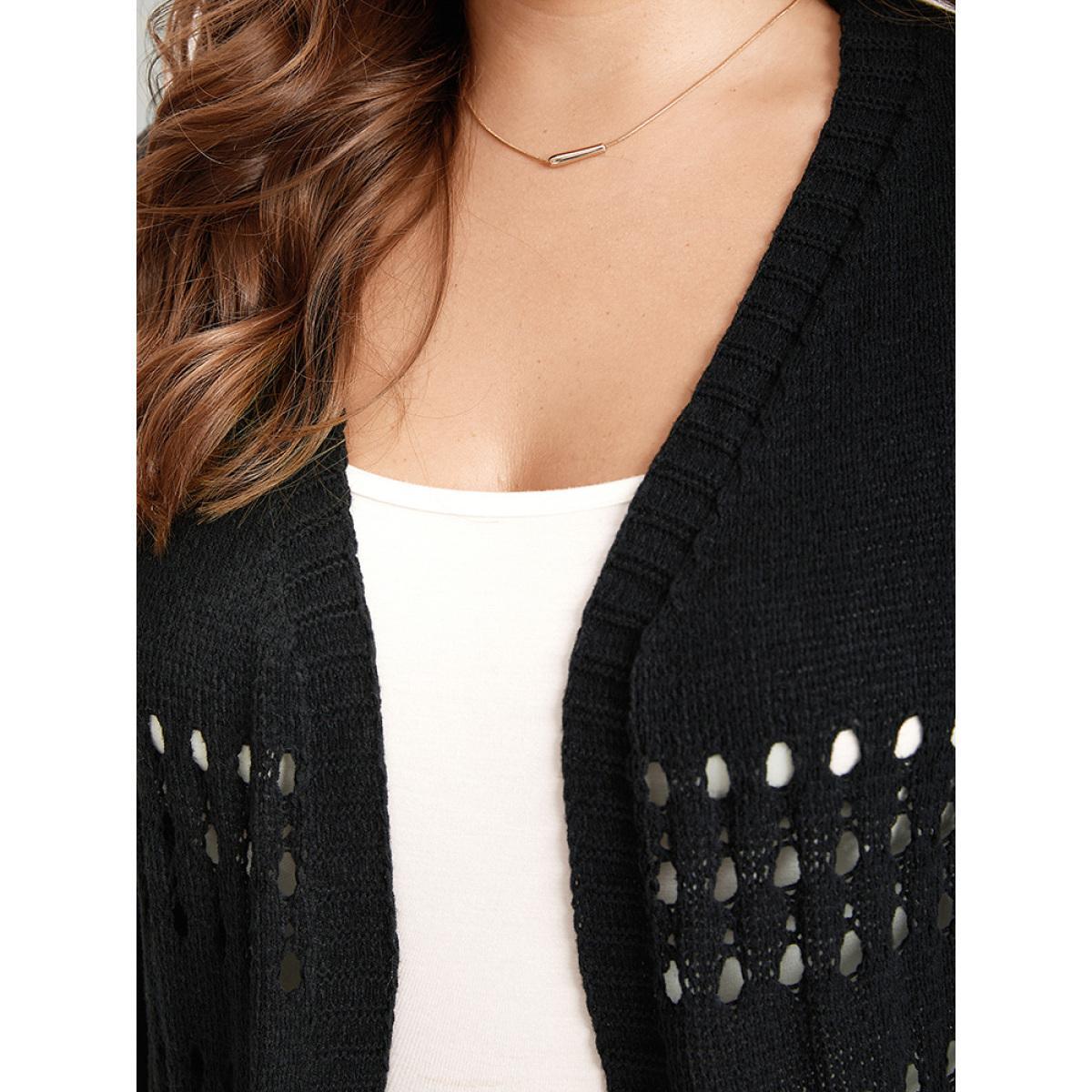 Plus Size Plain Hollow Out Open Front Cardigan Black Women Casual Long Sleeve Dailywear Cardigans BloomChic 10/M Product Image