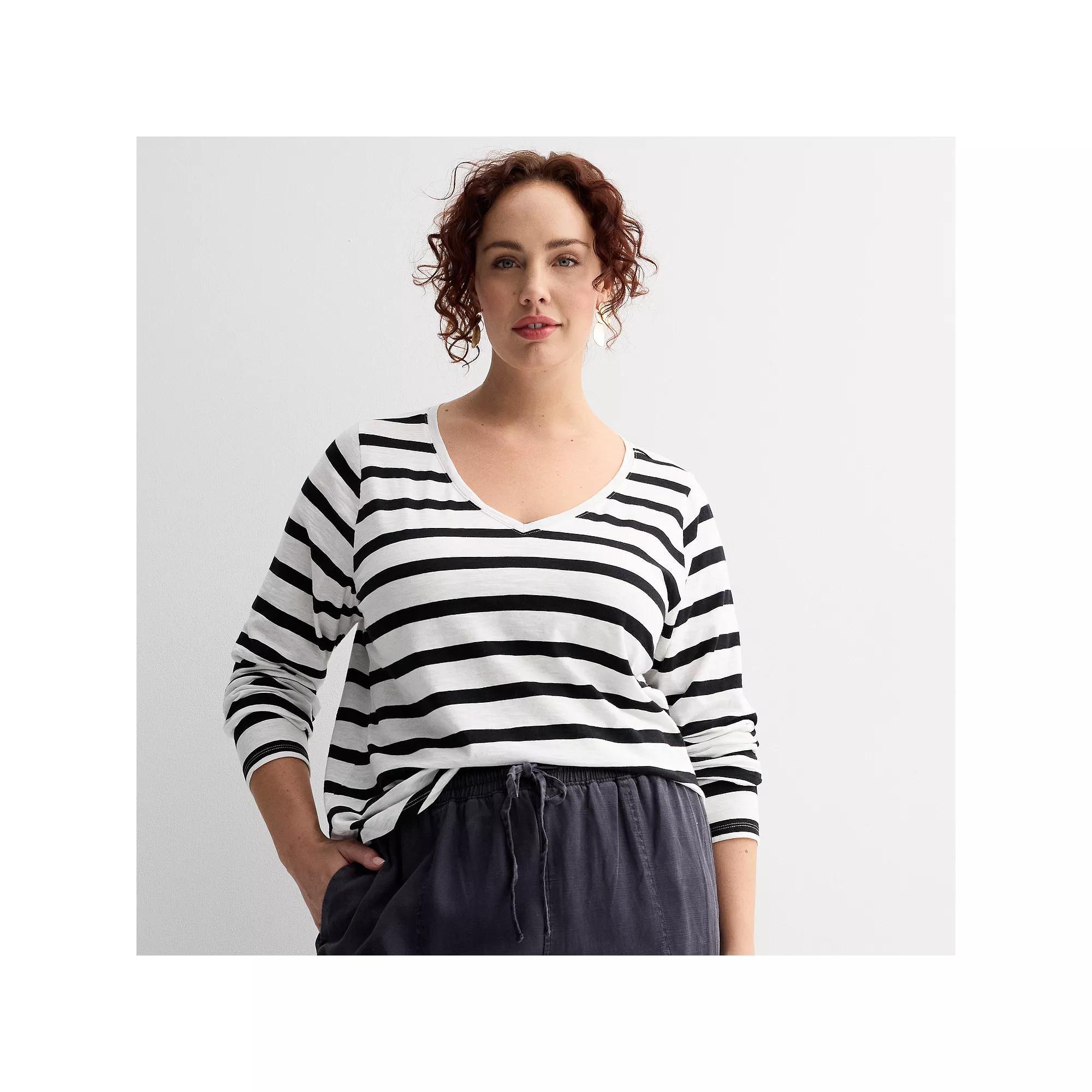Plus Size Sonoma Goods For Life® Everyday Long Sleeve V-Neck Tee, Women's, Size: 0X, Black Ecru Stripe Product Image
