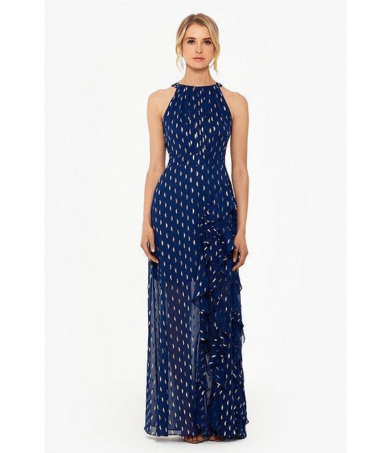 Betsy & Adam Petite Size Metallic Front Ruffled Slit Halter Neck Sleeveless Gown Product Image