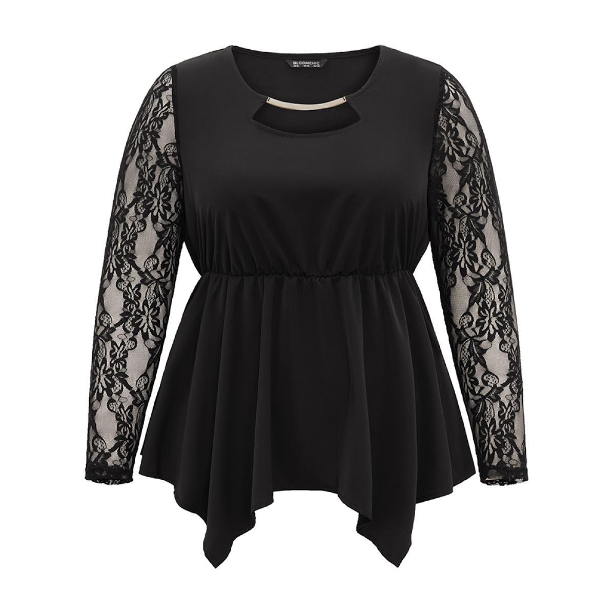 Plus Size Black Guipure Lace Metal Detail Cut Out Hanky Hem Blouse Women Glamour Long Sleeve Round Neck Party Blouses BloomChic 12/L Product Image