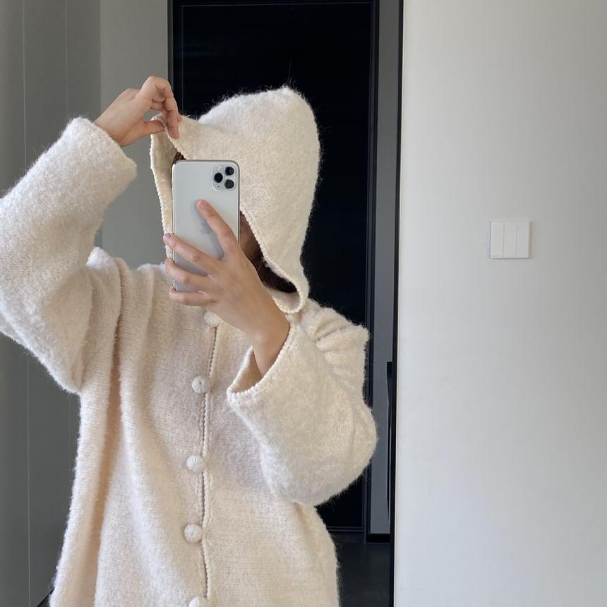 Hooded Plain Fluffy Button Cardigan Product Image