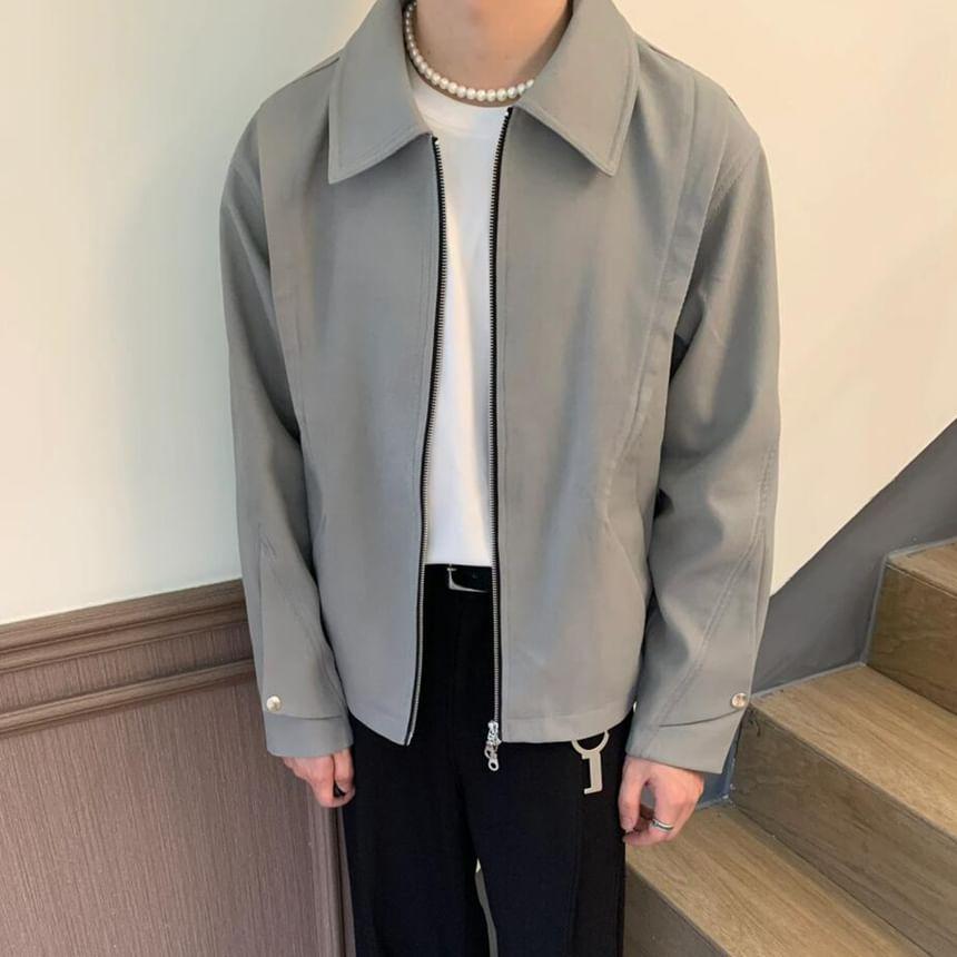 Collared Plain Zip-Up Jacket Product Image