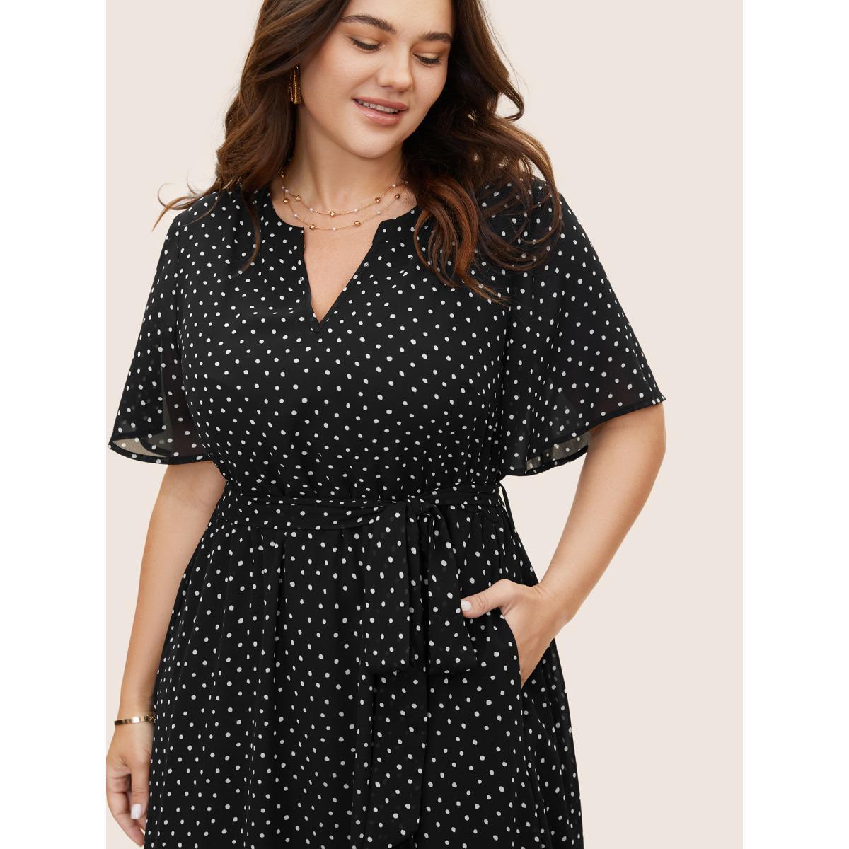 Plus Size Chiffon Polka Dot Ruffle Sleeve Dress Black Women Elegant See through Flat collar Short sleeve Curvy BloomChic 28/5X Product Image