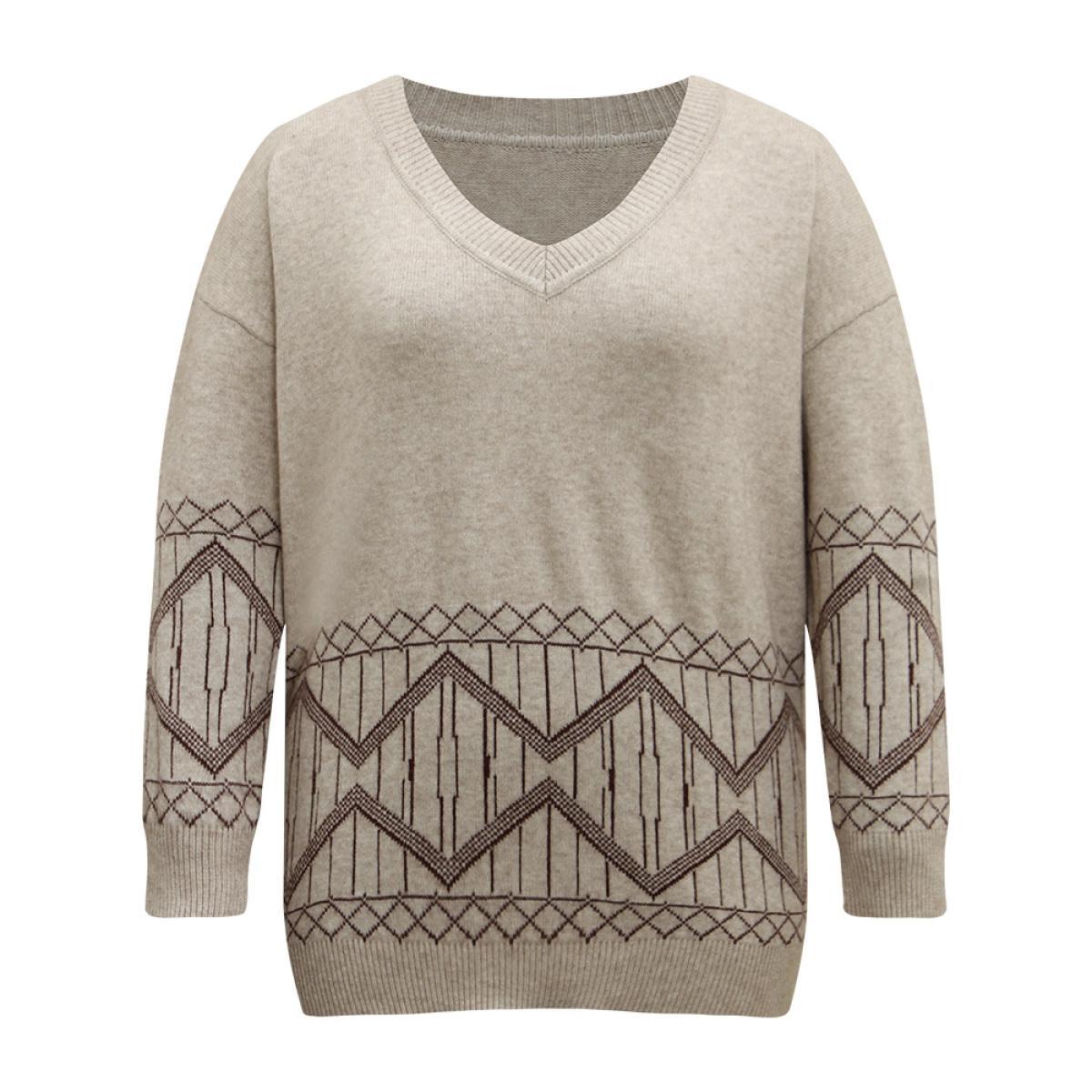 Plus Size Supersoft Essentials Geometric Graphic V Neck Pullover LightBrown Women Casual Loose Long Sleeve V-neck Dailywear Pullovers BloomChic 18-20/2X Product Image