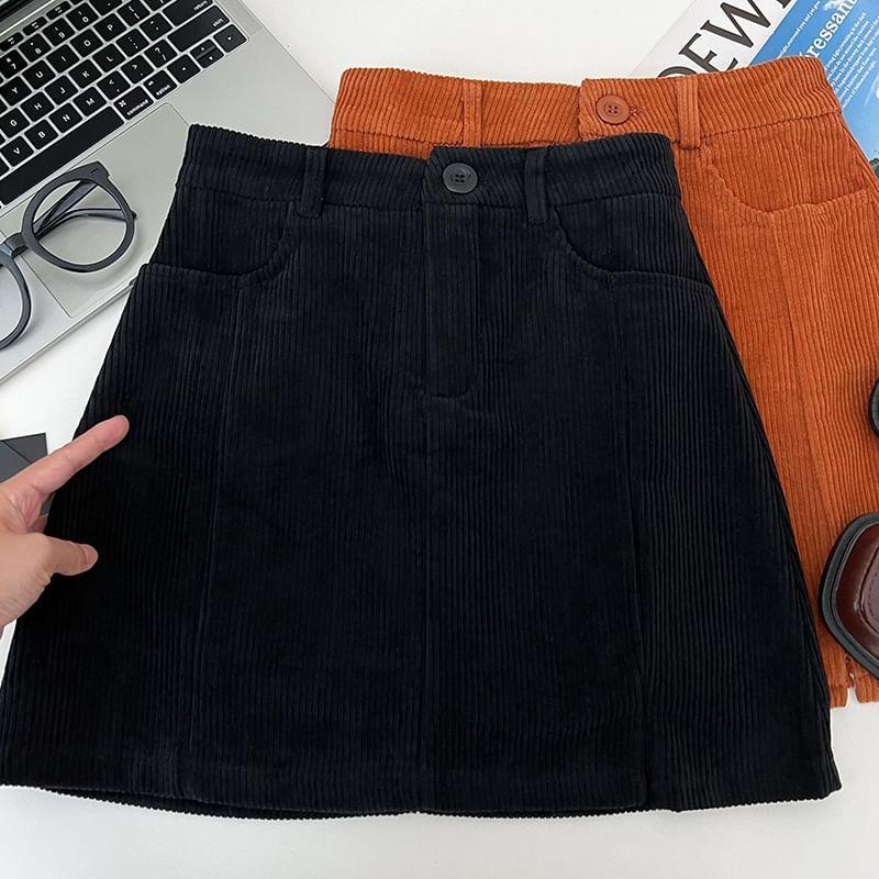 High Waist Plain Corduroy Mini A-Line Skirt Product Image