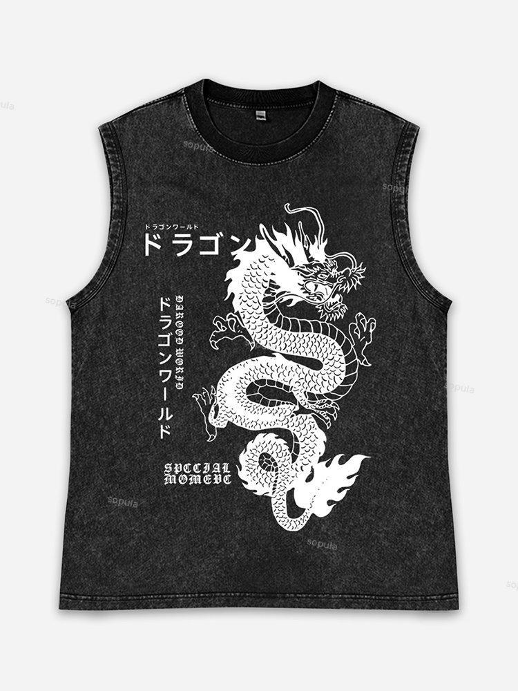 Vintage Japanese Dragon Graphic Acid Washed Tank Tops Product Image