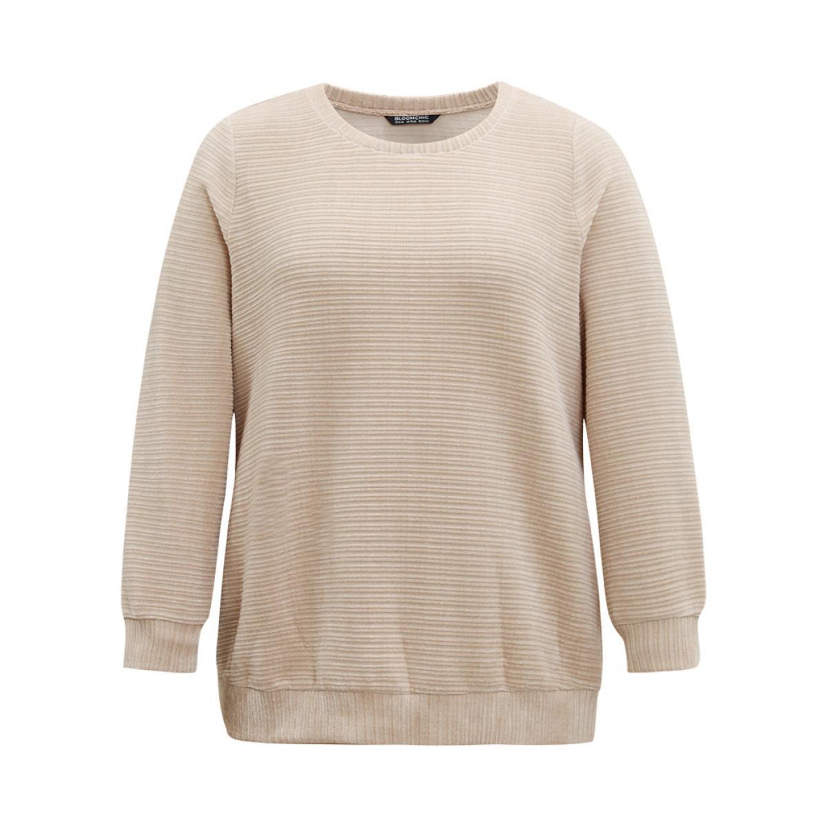 Plus Size Crew Neck Solid Textured Sweatshirt Women Apricot Casual Thick Round Neck Dailywear Sweatshirts BloomChic 22-24/3X Product Image