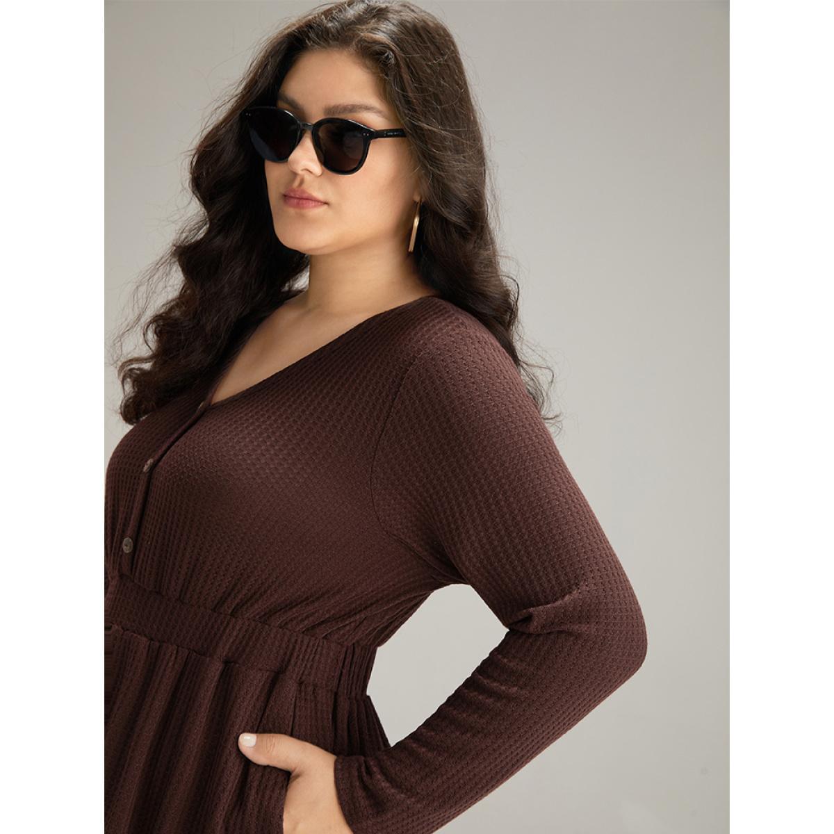 Plus Size Waffle Knit Button Up Elastic Waist Dress DarkBrown Women Casual Plain V-neck Long Sleeve Curvy Knee Dress BloomChic 28/5X Product Image
