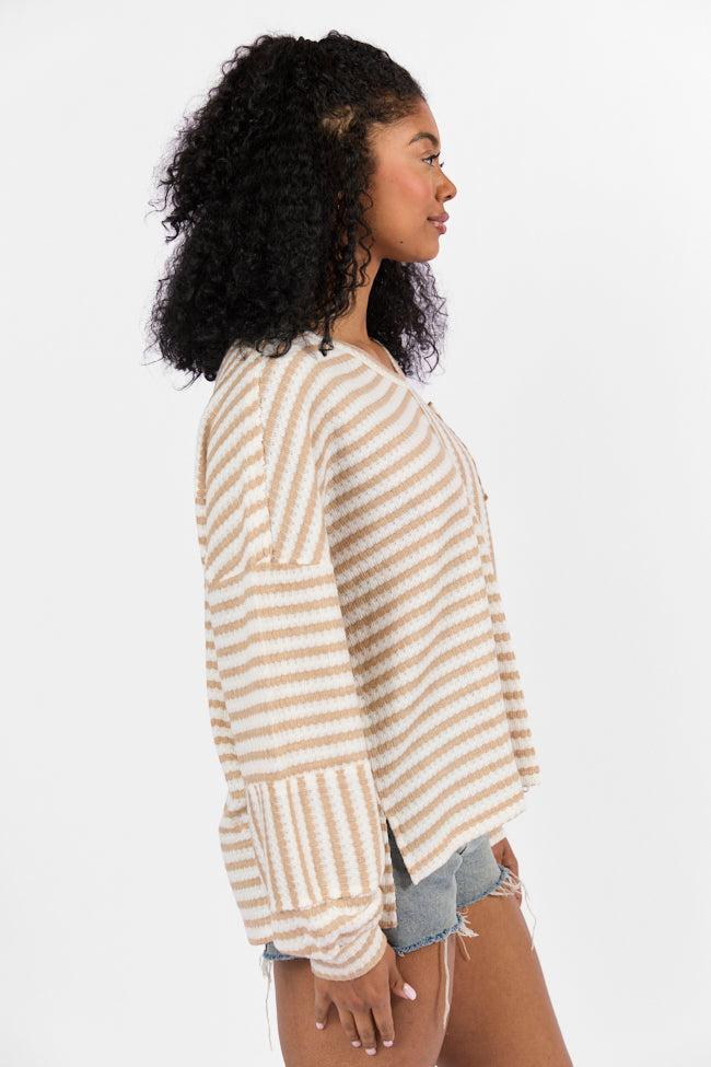 All For Sun Tan and Ivory Striped Knit V-Neck Long Sleeve Tee FINAL SALE Product Image