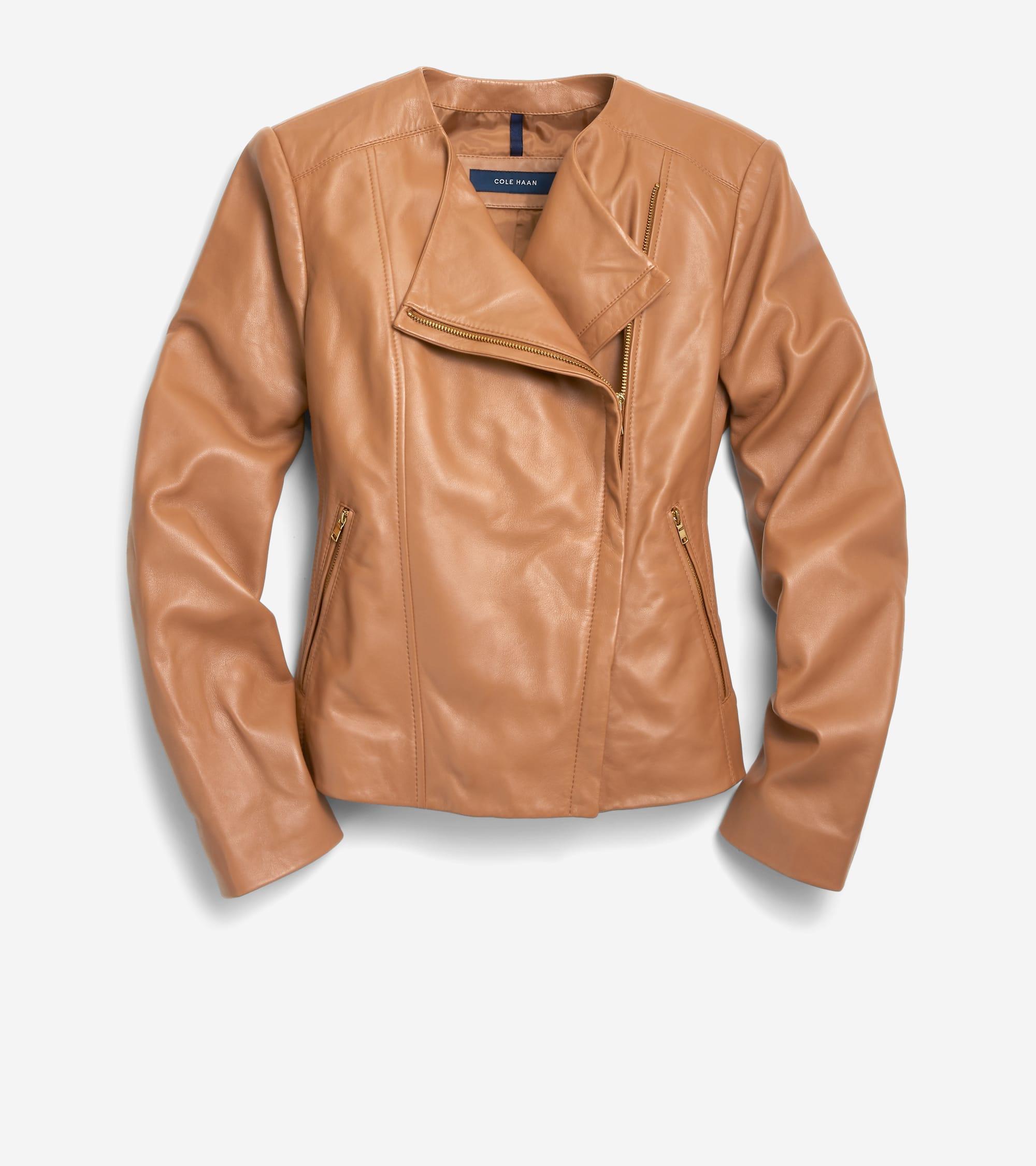 Cole Haan Womens Asymmetrical Leather Jacket - Beige Size Small Product Image