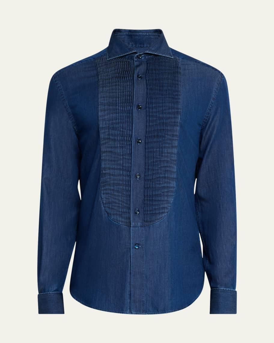 Mens Denim Pleated-Bib Dress Shirt Product Image