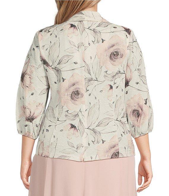 Alex Evenings Plus Size Jacquard Collared V Neck 3/4 Bubble Hem Sleeve Floral Blouse Product Image