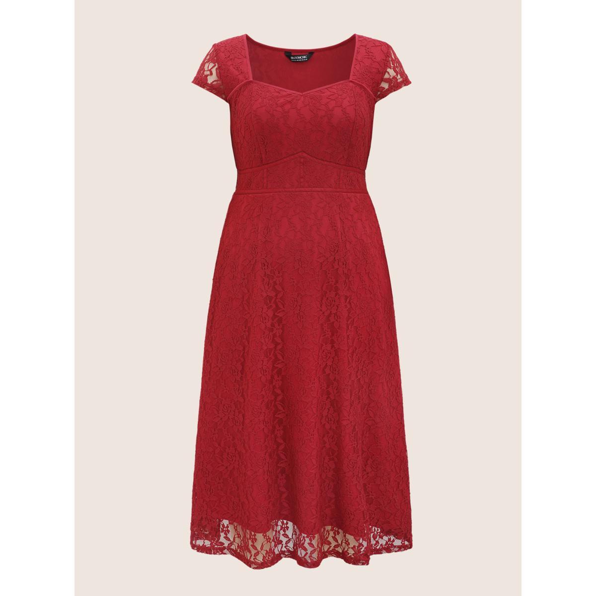 Plus Size Lace Panel Heart Neckline Split Side Dress Burgundy Women Cocktail Heart neckline Cap Sleeve Curvy BloomChic 18-20/2X Product Image