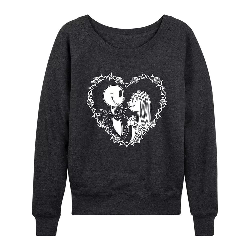 Disneys Nightmare Before Christmas Jack & Sally Womens Heart French Terry Long Sleeve Tee Heather Grey Product Image