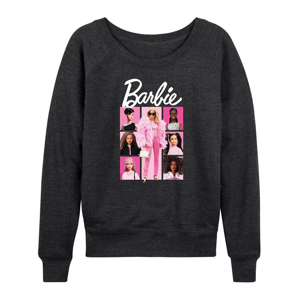 Womens Barbie Pink Grid French Terry Long Sleeve Tee, Girls Heather Grey Product Image