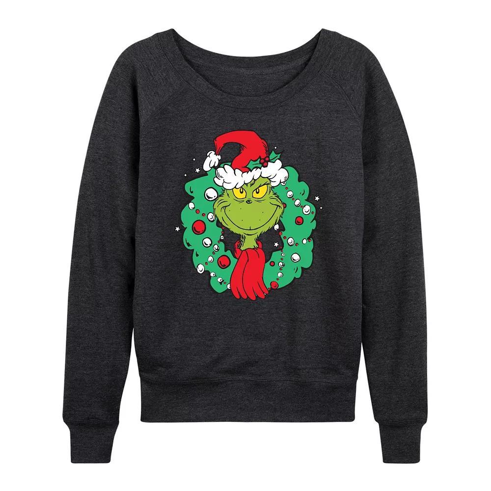 Women's Dr. Seuss The Grinch Wreath French Terry Long Sleeve Tee, Girl's, Size: Medium, Heather Grey Product Image