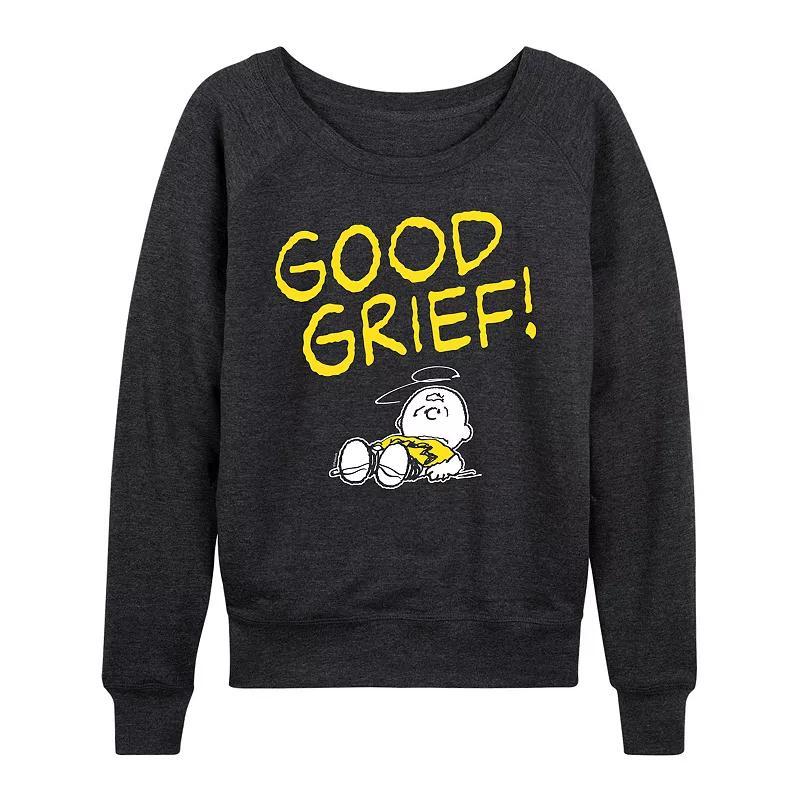 Womens Peanuts Charlie Brown Good Grief French Terry Long Sleeve Tee, Girls Heather Grey Gray Product Image
