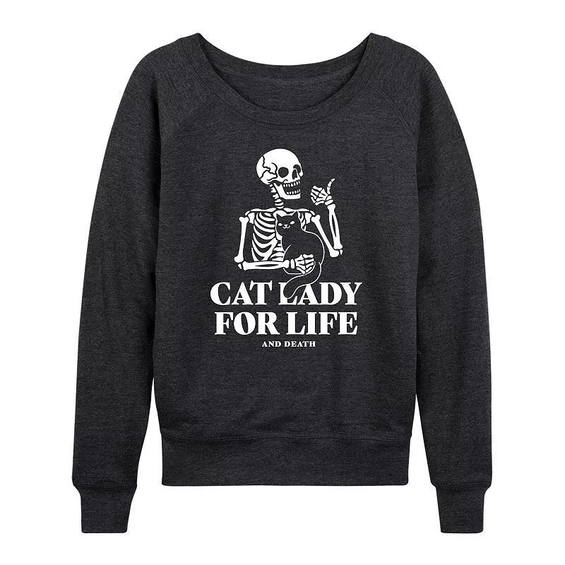 Womens Cat Lady For Life Skeleton French Terry Long Sleeve Tee Grey Blue Product Image
