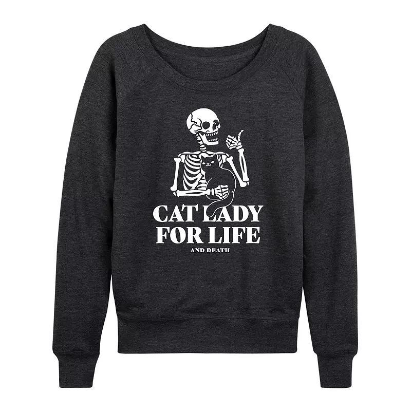 Womens Cat Lady For Life Skeleton French Terry Long Sleeve Tee Grey Blue Product Image