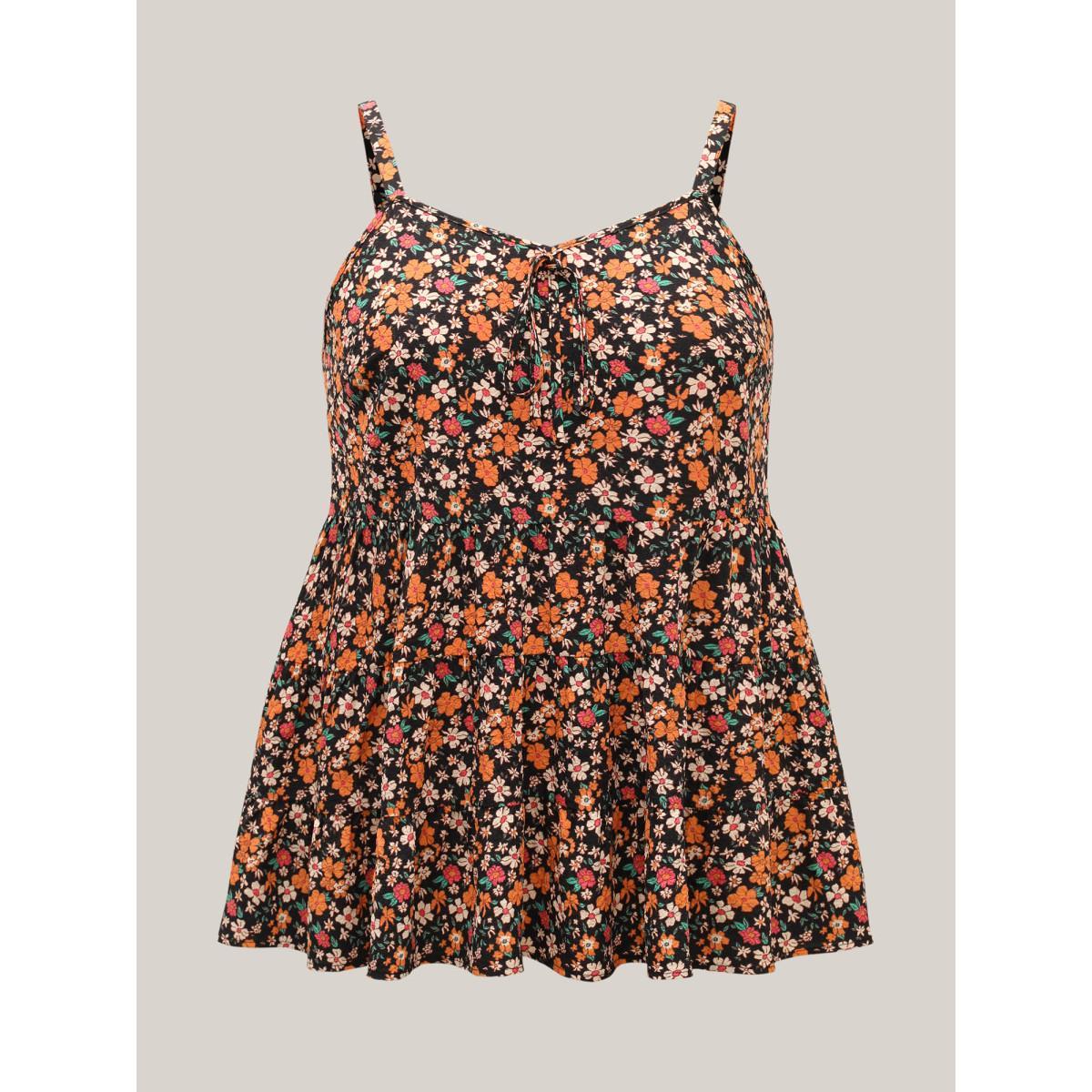 Plus Size Ditsy Floral Print Cami Tiered Tank Top Women BlackFlower Tie knot Non Vacation Tank Tops Camis BloomChic 22-24/3X Product Image