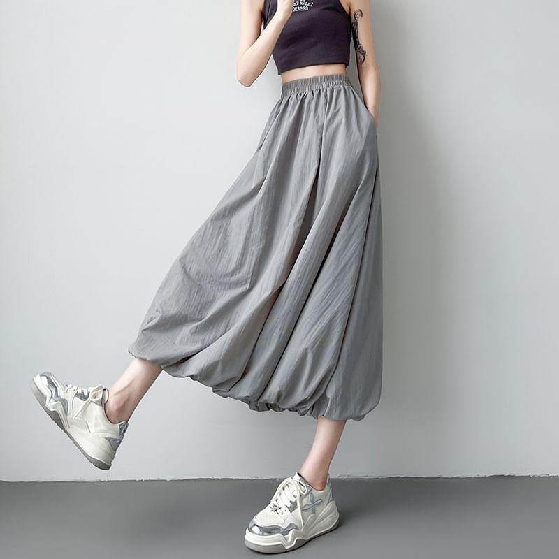 High Waist Plain Midi A-Line Skirt Product Image