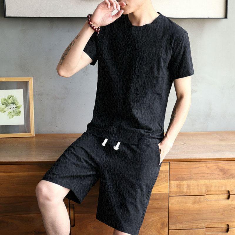 Set: Short-Sleeve Round Neck Plain T-Shirt + Drawstring Waist Shorts Product Image