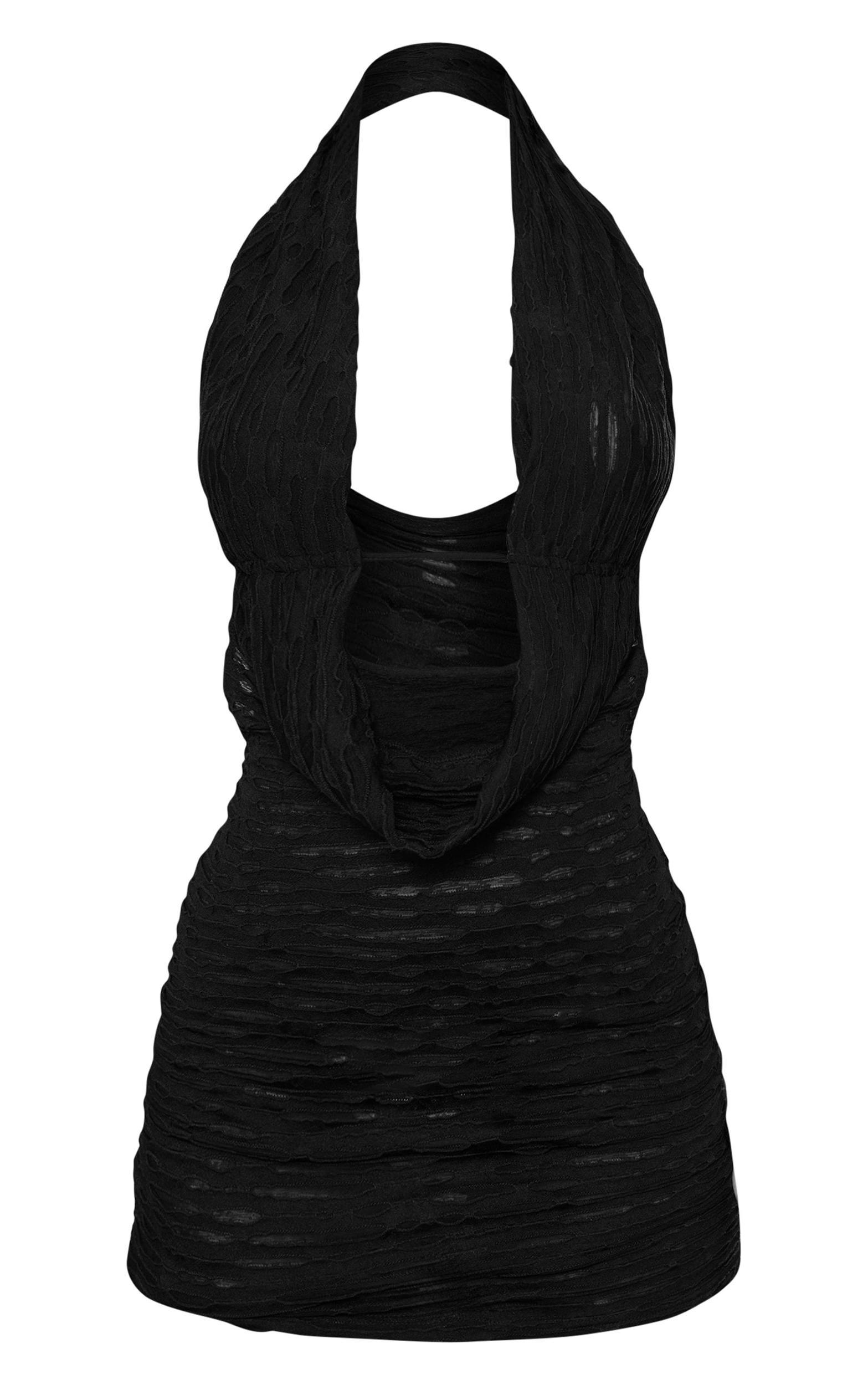 Black Textured Halter Neck Cowl Neck Mini Dress Product Image