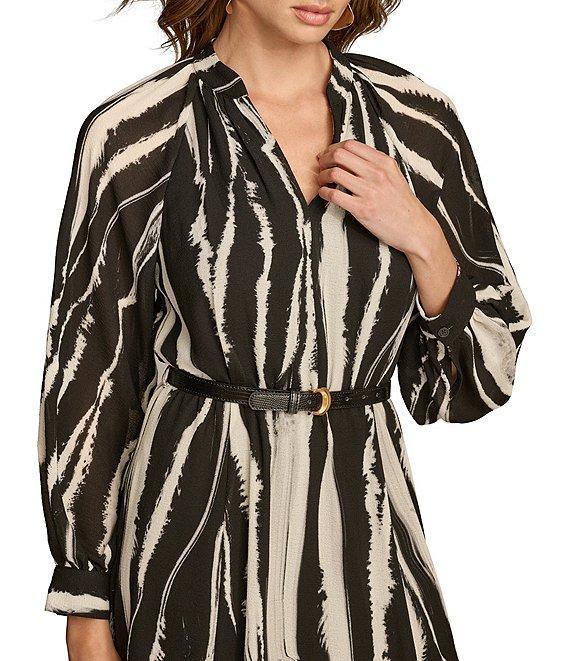 Donna Karan Printed Chiffon V-Neck Blouson Sleeve Belted A-Line Dress Product Image