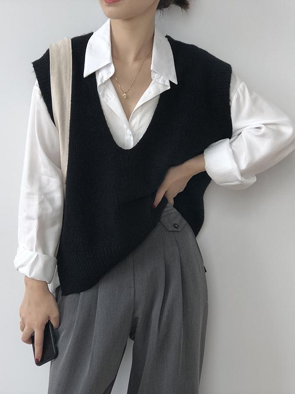 Knitting Irregularity Solid V-Neck Vest Product Image