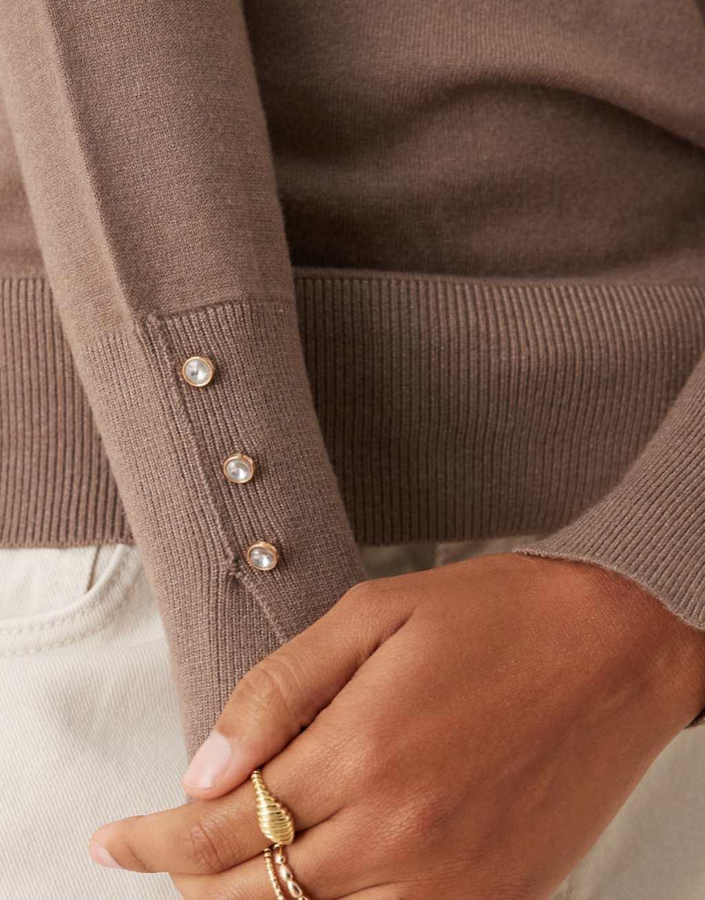 JDY knit sweater with sleeve button detail in brown Product Image