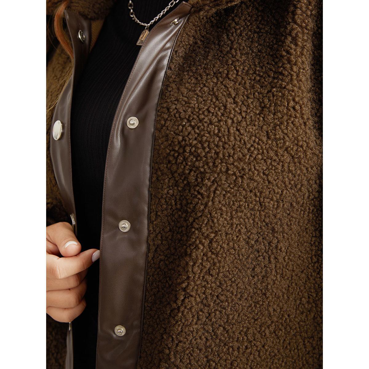 Plus Size PU Leather Patchwork Metal Detail Teddy Jacket Women DarkBrown Patchwork Dailywear Jackets BloomChic 12/L Product Image