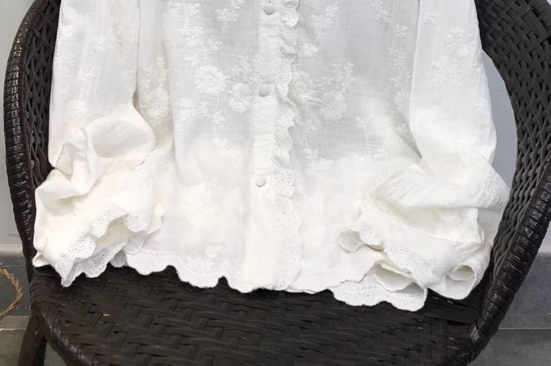 Frill Trim Collar Button-Up Plain Cardigan Product Image