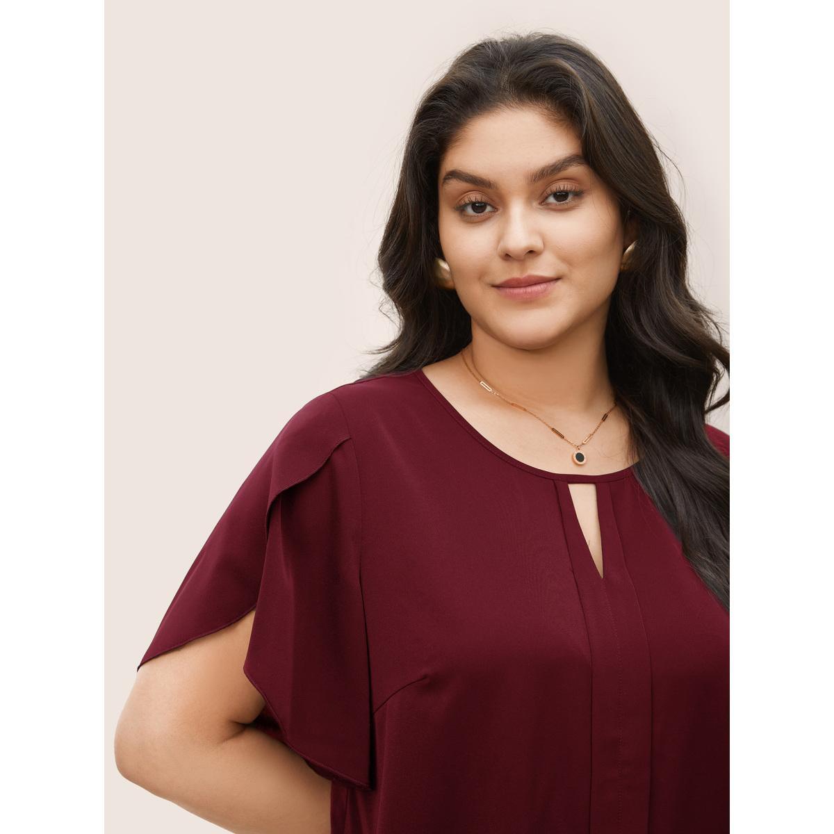 Plus Size Scarlet Solid Keyhole Petal Sleeve Pleated Blouse Women Work From Home Short sleeve Notched collar Work Blouses BloomChic 12/L Product Image