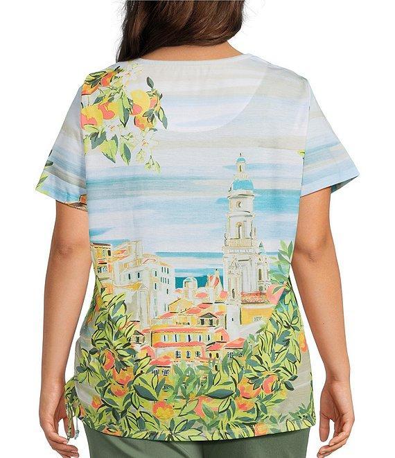 Allison Daley Plus Size Tuscan Village Print Short Sleeve Side Ruched Knit Top Product Image