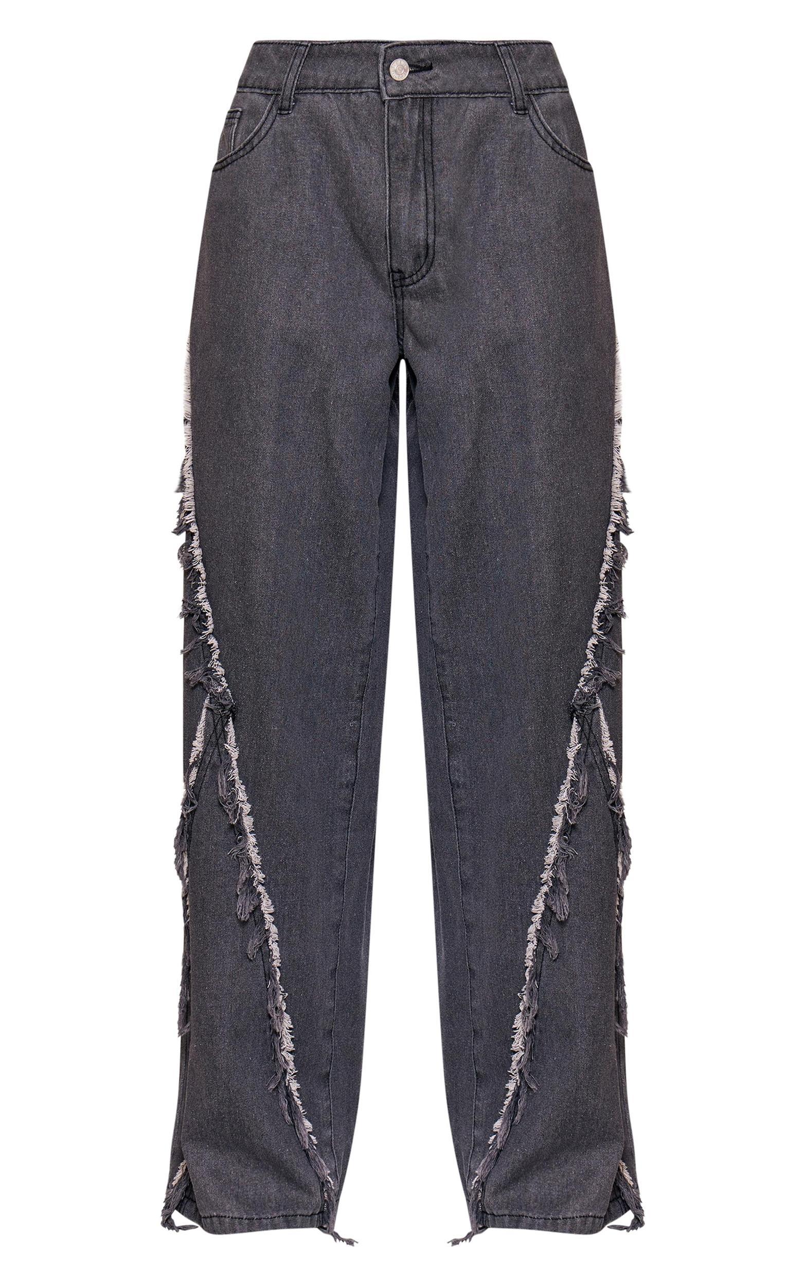  Petite Washed Grey Fray Detail Wide Leg Jeans Product Image