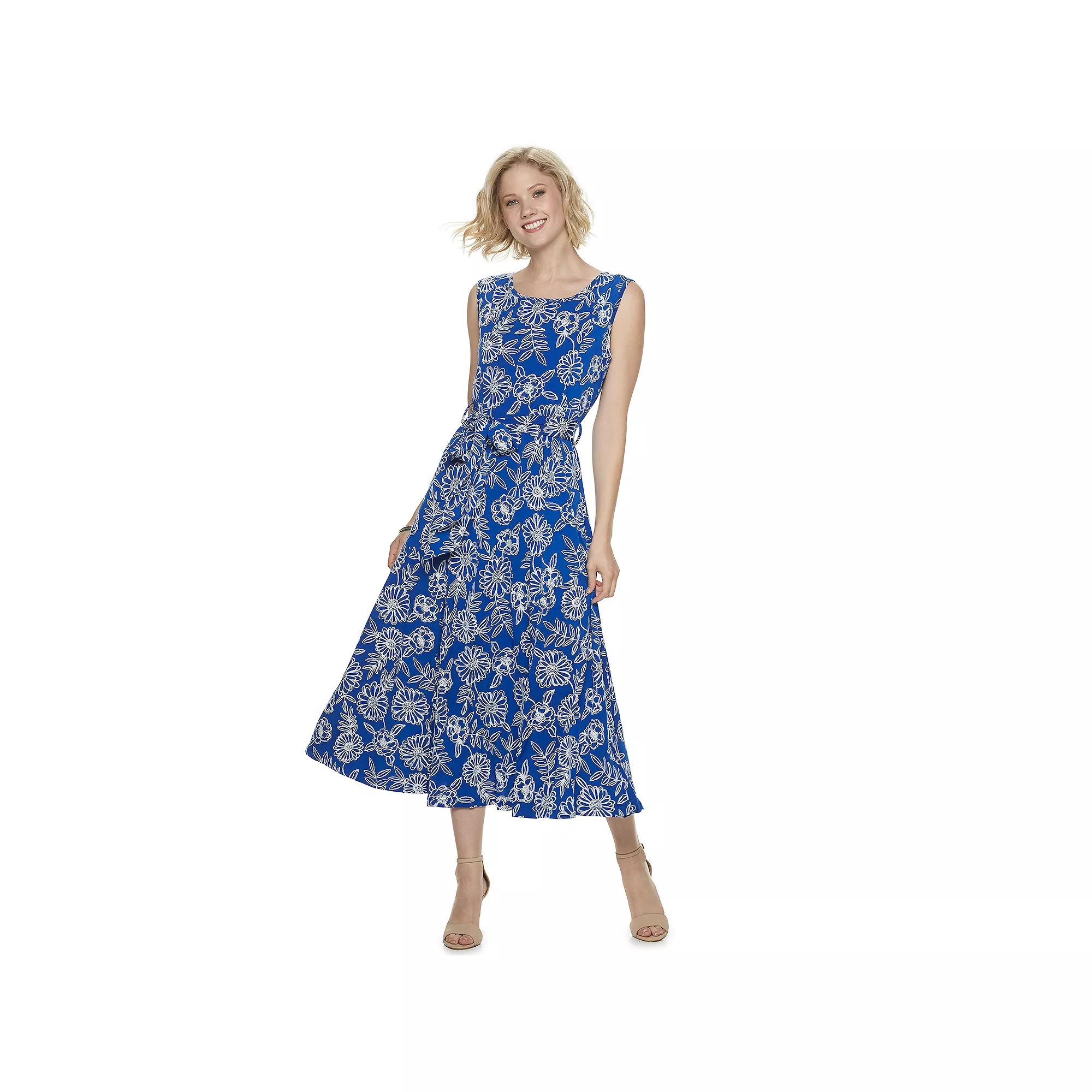 Women's Nina Leonard Belted Sleeveless Print Midi Dress, Size: Large, Blue Floral Product Image